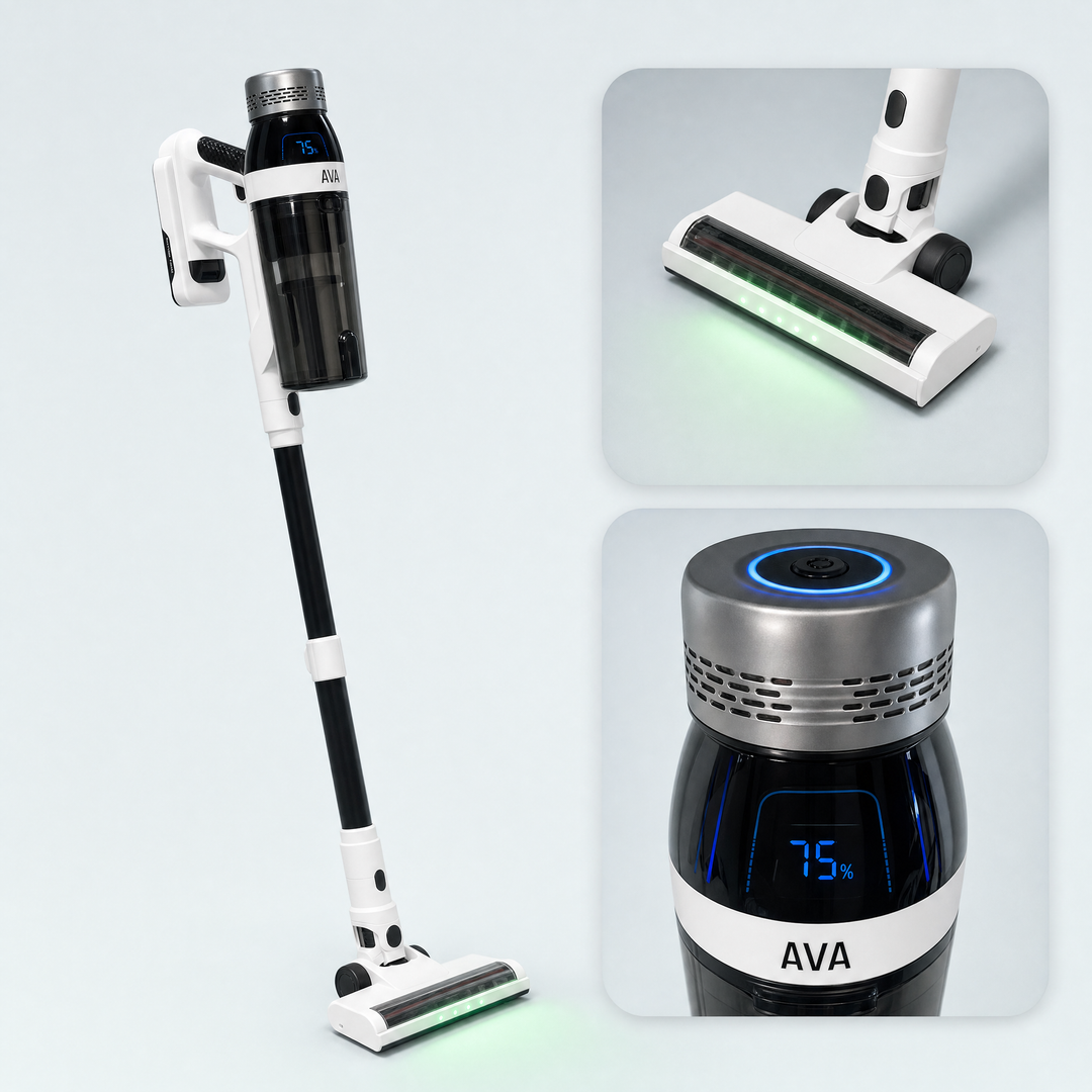 AVA Pure™ ledningsfri støvsuger — produktoversigt med LED-display, blå LED-ring og grønt lys