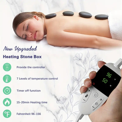 Varmstensmassagesæt med temperaturjustering - 10 stk. varmstenssæt med varmeapparat, 20 stk. varmstenssæt med varmeapparat, professionelt spa-massageudstyr - egnet til ryg-, ben- og kropsmassage