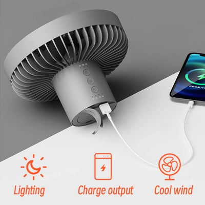 Udendørs campingventilator Elektrisk campingventilator med LED-lygte Bærbar teltventilator med roterende funktion, nødstrømsforsyning