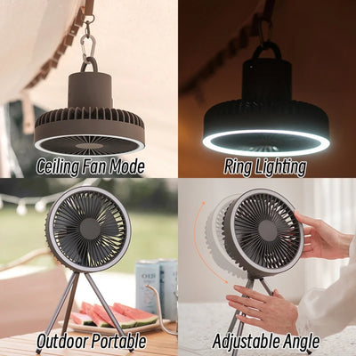 Udendørs campingventilator Elektrisk campingventilator med LED-lygte Bærbar teltventilator med roterende funktion, nødstrømsforsyning