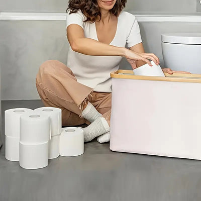Elegant Bambus Toiletpapirholder Lille og Stilfuld Opbevaringskurv med Låg og Håndtag, Ingen Installation Krævet, Holder til Badeværelsesartikler - Egnet til Hjem og Kontor, Rektangulær Opbevaringsløsning