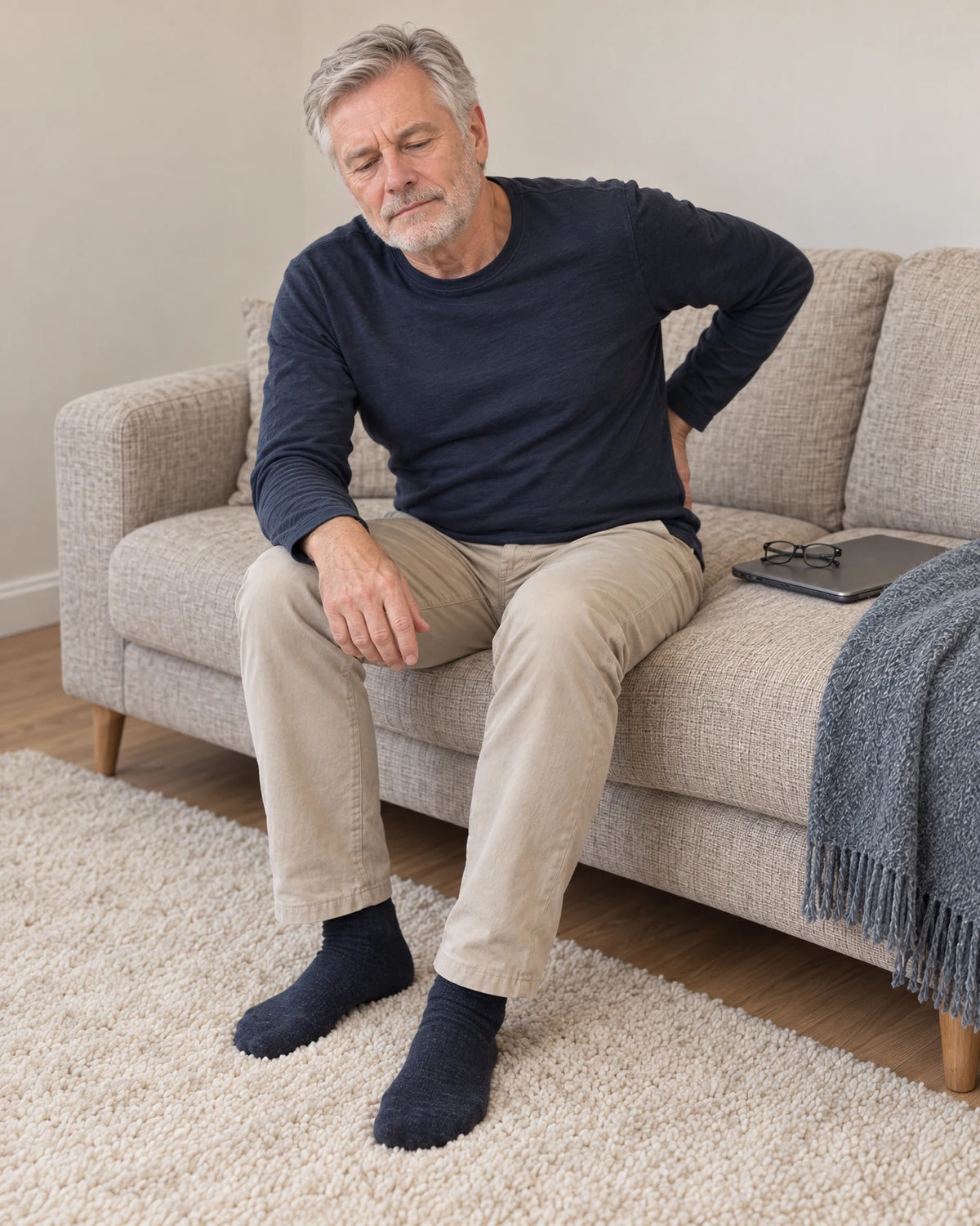 Mand sidder i sofaen med stiv ryg efter en lang dag