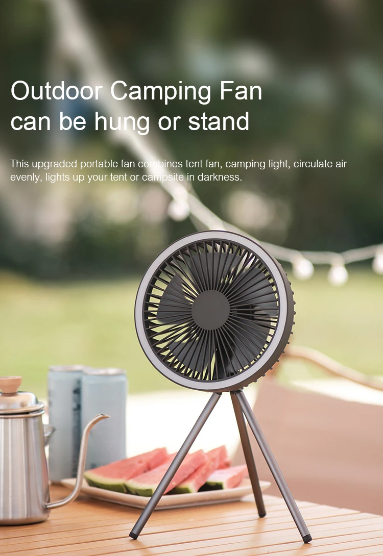Udendørs campingventilator Elektrisk campingventilator med LED-lygte Bærbar teltventilator med roterende funktion, nødstrømsforsyning