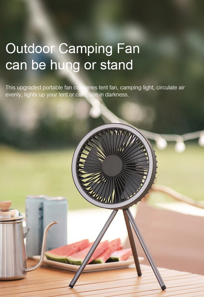 Udendørs campingventilator Elektrisk campingventilator med LED-lygte Bærbar teltventilator med roterende funktion, nødstrømsforsyning