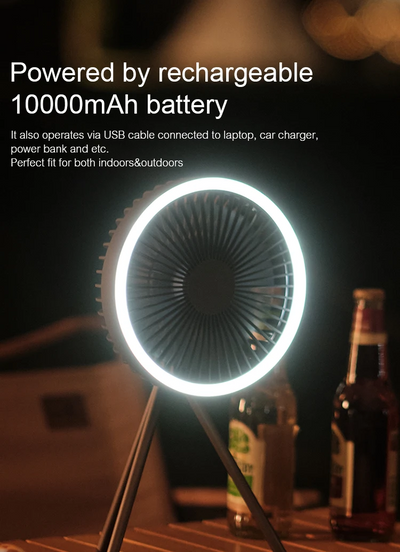 Udendørs campingventilator Elektrisk campingventilator med LED-lygte Bærbar teltventilator med roterende funktion, nødstrømsforsyning