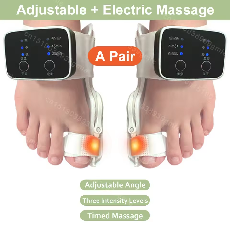 Elektrisk vibrationsmassager og knystkorrektor – Unisex fodskinne til hallux valgus med justerbar tåseparator og finger-tå korrektion